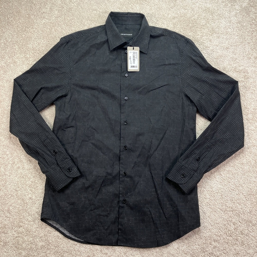 NEW Emporio Armani Mens M Button Down Shirt Black Micro Fancy $345 NWT - Picture 2 of 12